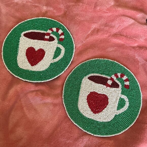 2 ROBERT STANLEY 8" Heart Candy Cane Beaded Trivet Hot Pad Table Decor NWT - Picture 1 of 5